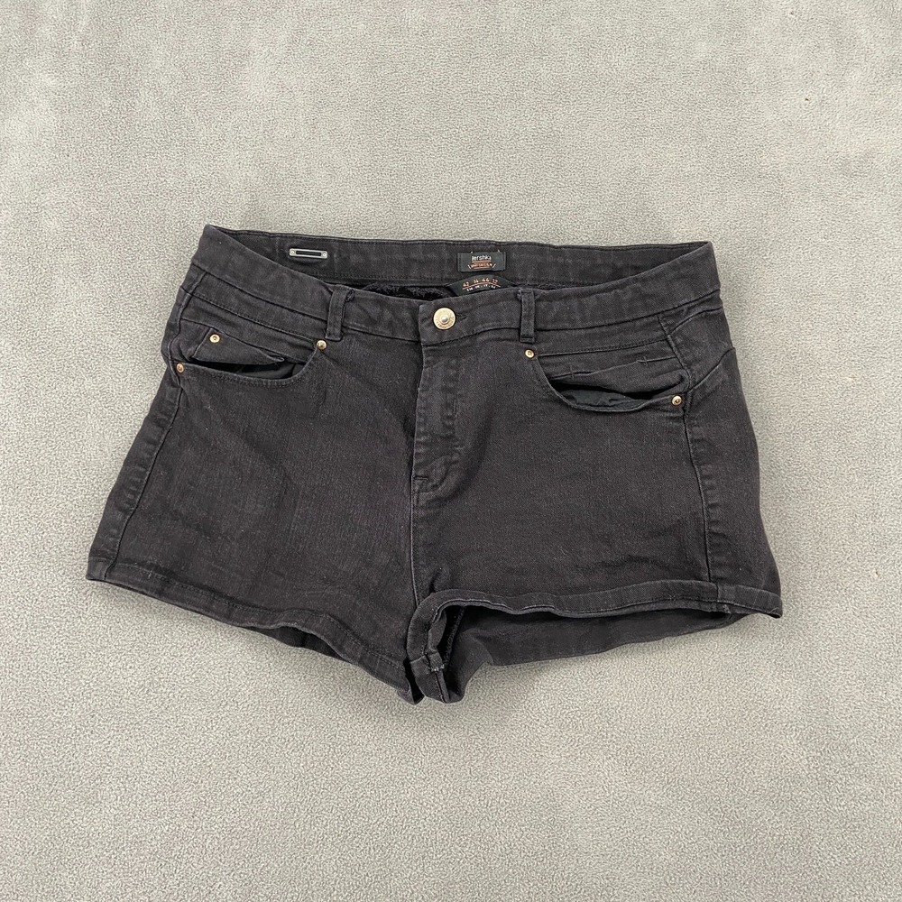 Bershka Mom Shorts Womens 42 Black Denim Cotton Mid Rise 5 Pocket Logo Dark Wash